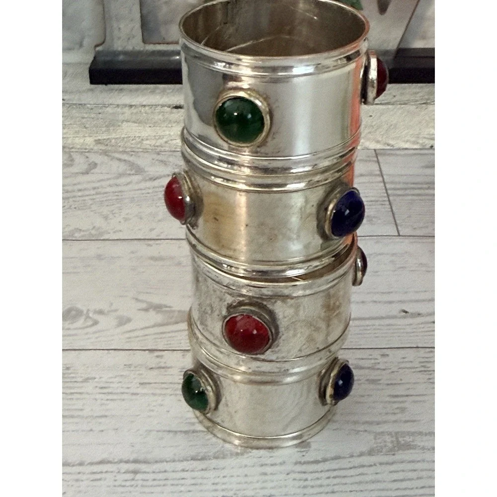 International Silver Co. Silver Plated Napkin Ring Holder w Colored Glass Set 4